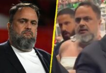 Evangelos Marinakis ses med trasig tröja efter ”krocken på läktaren”